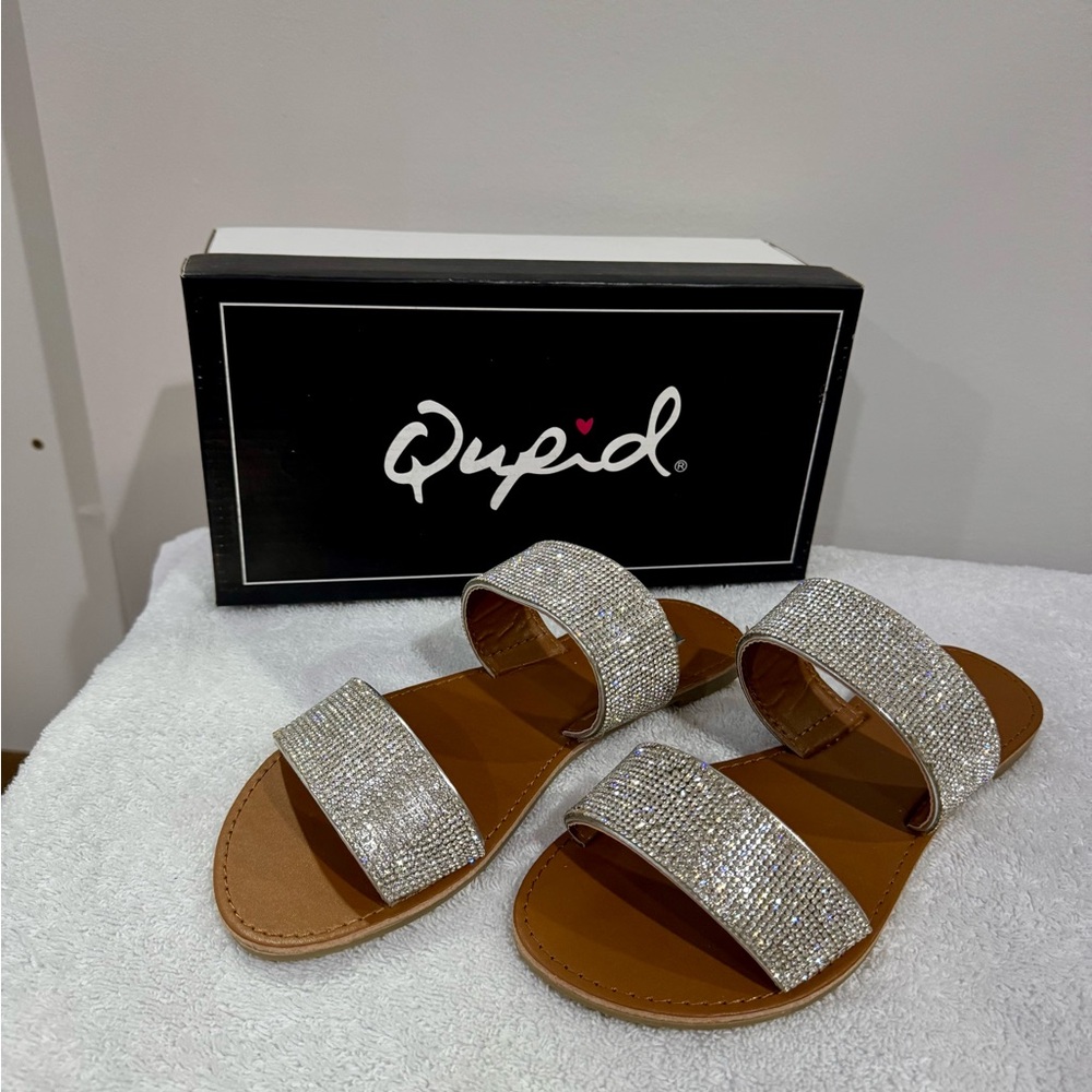 Qupid Silver and Brown Sandals with Shimmery Straps